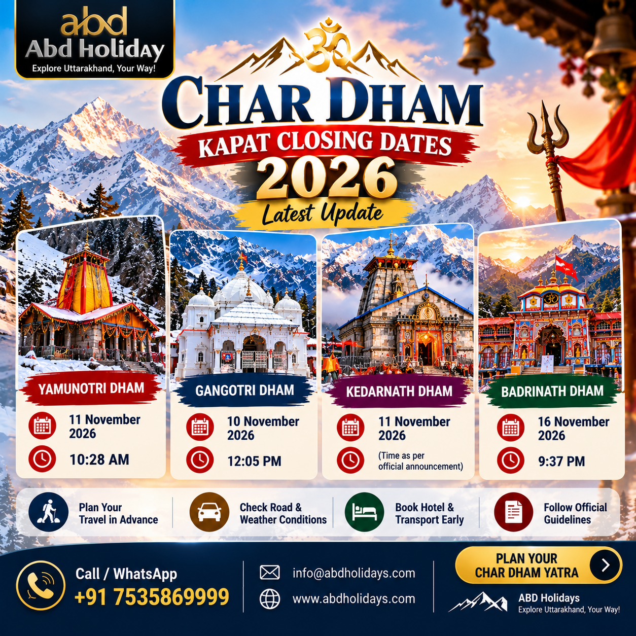 Char Dham Closing Dates 2026: Latest Update for Yamunotri, Gangotri, Kedarnath & Badrinath