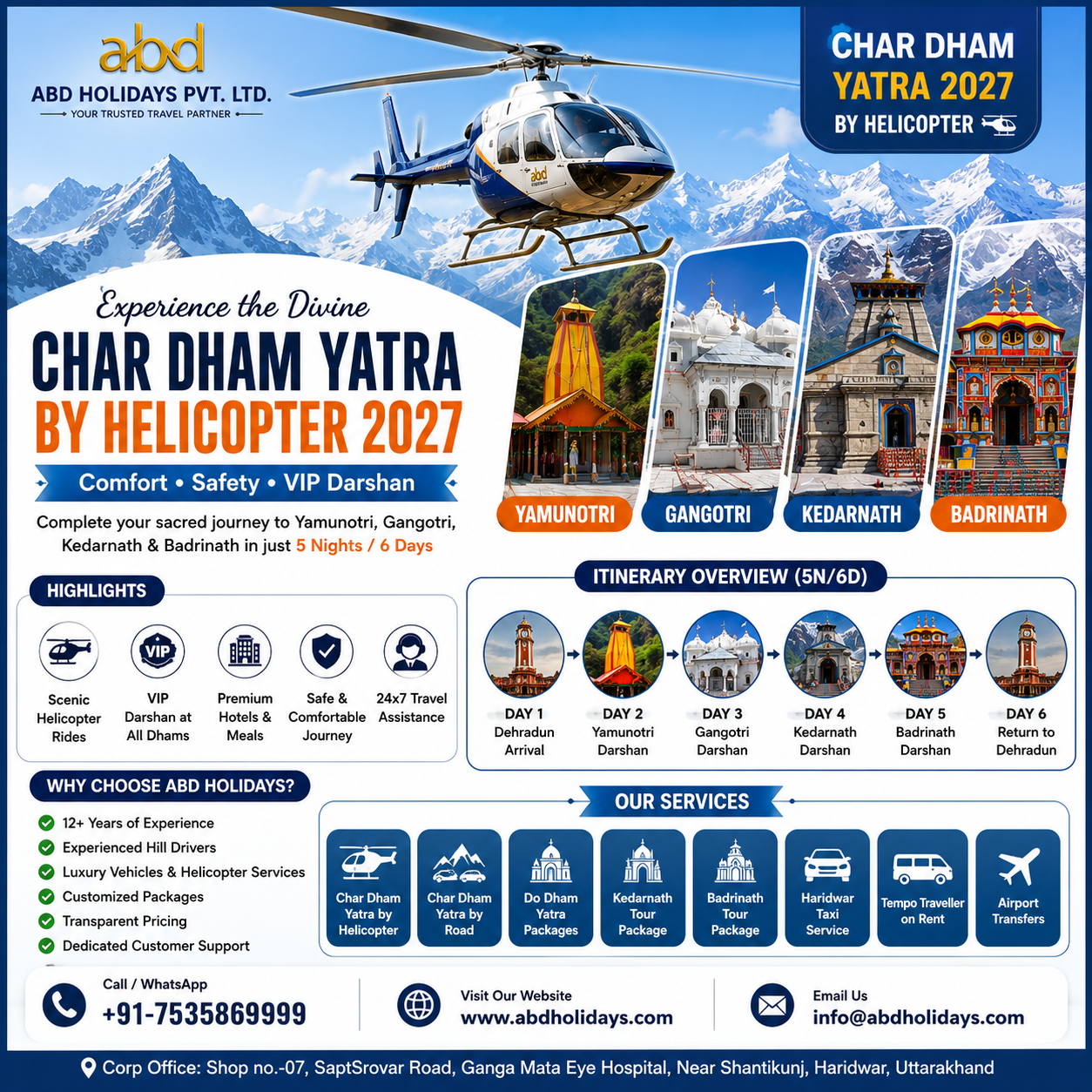 Char Dham Yatra by Helicopter 2027 – Luxury, Comfort & VIP Darshan with ABD Holidays 